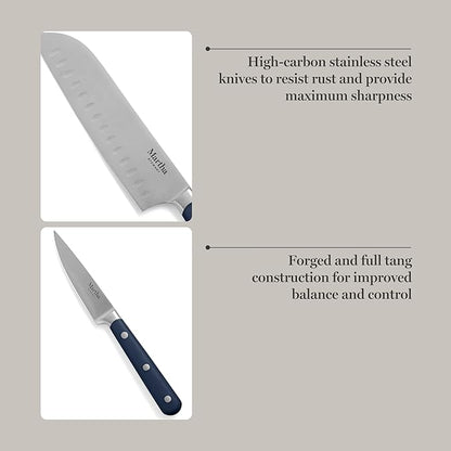 MARTHA STEWART Eastwalk 14 Piece High Carbon Staineless Steel Cutlery Set w/ABS Triple Riveted Forged Handle Acacia Wood Block - Navy Blue - Image 4