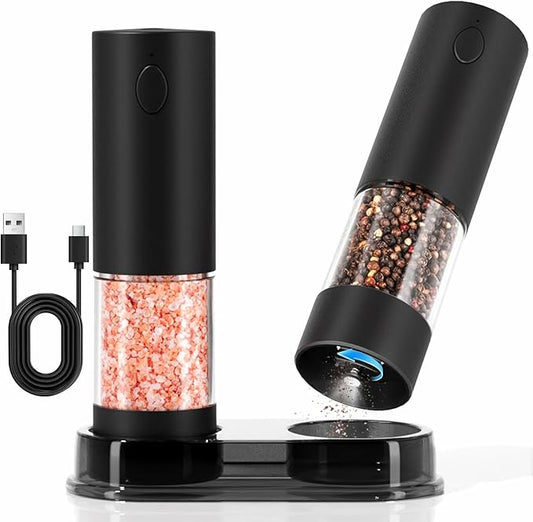 Electric Salt and Pepper Grinder Set, USB Rechargeable Automatic Pepper Mills and Salt Grinders with LED Light, Large 100ml Capacity, Adjustable Coarseness, One-Hand Operation, Stable Base