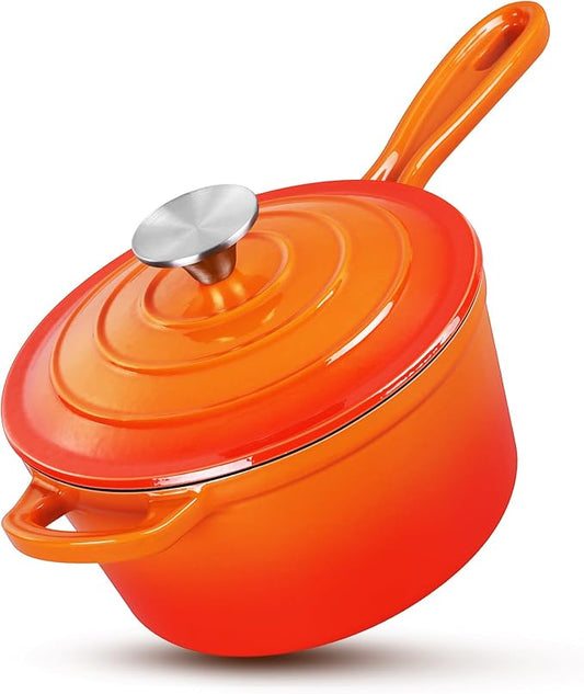 HaSteeL 1 QT Cast Iron Saucepan, Mini Enamel dutch oven with lid, Small Non Stick Pan for Milk, Pasta Tomato Sauce, Butter, Breakfast, Soup, Suitable for Boiling Stewing Frying, Easy to Clean, Orange