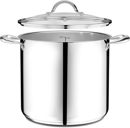 Stainless Steel Stockpot with Tempered Glass Lid 16 Quart, Durable 18/0 Stainless Steel, Impact-Bonded Base for Even Heating, Riveted Handles, Oven & All Stove Compatible, Safe Up To 500°F (260°C)