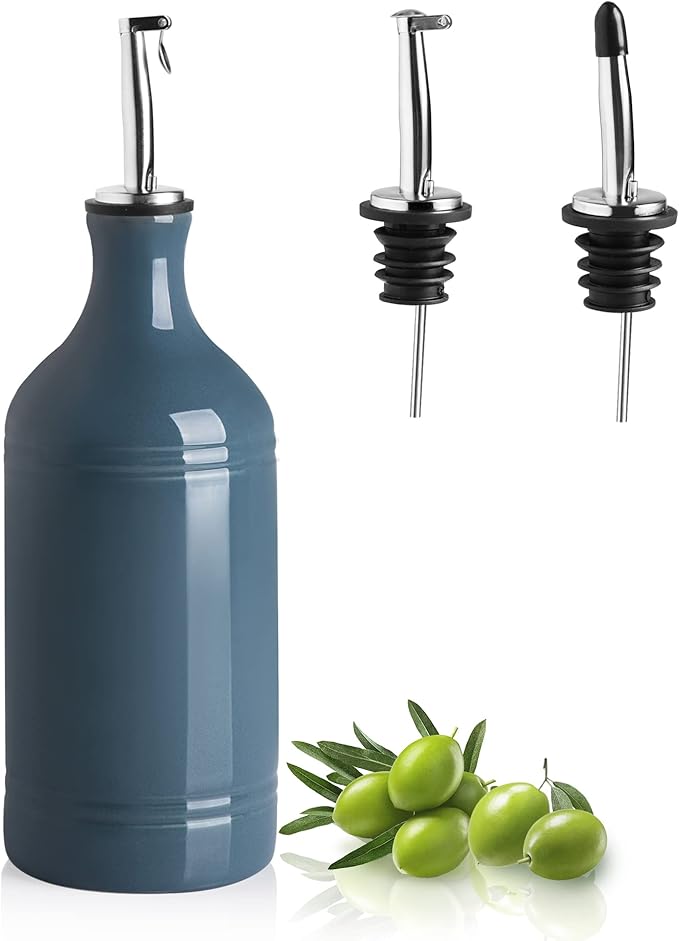 Sweejar Ceramic Olive Oil Dispenser Bottle, Opaque Oil Cruet Protects to Reduce Oxidation, Suitable for Storage Vinegar, Coffee Syrups & Other Liquids, Pack of 1, 15.5 Fl Oz (Fog Blue) by Sweejarco1949