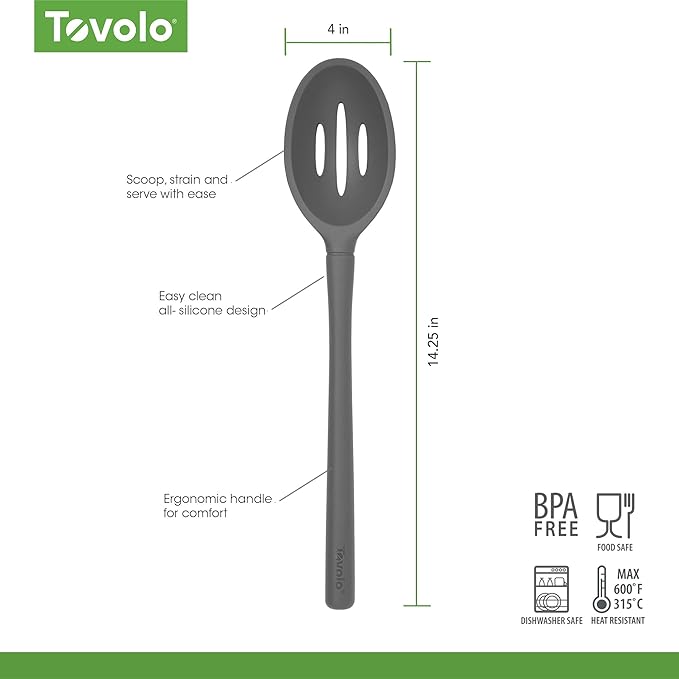 Tovolo Flex Core Silicone Slotted Deep Spoon for Cooking Mixing Baking, Dishwasher Safe BPA Free All Silicone Kitchen Spoon Utensil Heat Resistant Nonstick Safe Slotted Serving Spoon, Charcoal Gray