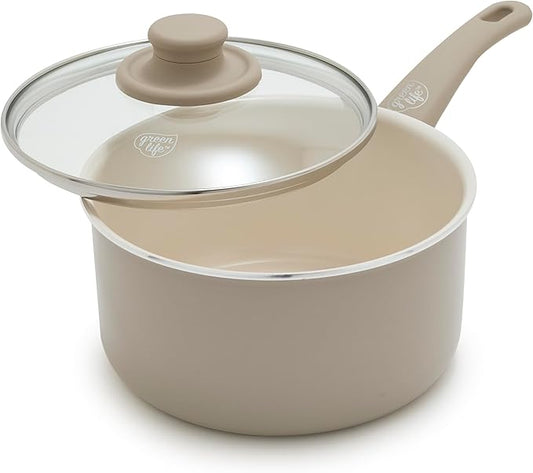 GreenLife 2.5QT Nonstick Saucepan with Glass Lid, Soft Grip, PFAS-Free Ceramic, Multipurpose Chef Pan, Milk & Sauce Cooking Pot, Dishwasher & Oven Safe to 350˚F, Stay-Cool Handle, Taupe by GreenLife