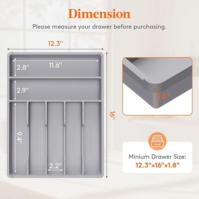 Lifewit Silverware Drawer Organizer Tray, Plastic Cutlery Storage for Kitchen, Flatware and Utensil Holder Divider for Spoons Forks Knives Tableware, 12.3 x 16", 7 Slots, Gray - Image 3