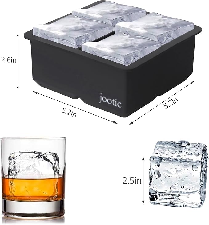 Large Ice Cube Trays Silicone (2.5-Inches) - Large Ice Tray Molds for making 4 Giant Ice Cubes for Whiskey (black 2 pack)