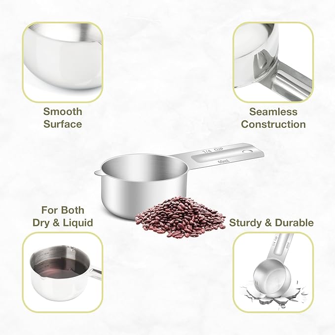 2PCS 1/4Cup (60ml, 2oz) Single Measuring Cup, Etched Inner Scale Stainless Steel Measure Scoop, Metric and US Measurement, Dishwasher Safe - Image 5