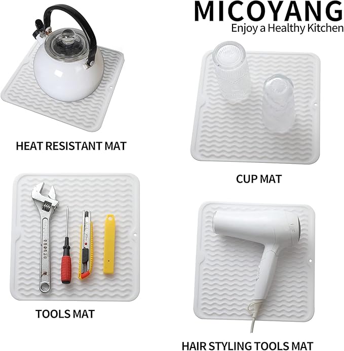 MicoYang Silicone Dish Drying Mat for Multiple Usage,Easy clean,Eco-friendly,Heat-resistant Silicone Mat for Kitchen Counter or Sink,Refrigerator or Drawer liner White M 12 inches x 12 inches - Image 4