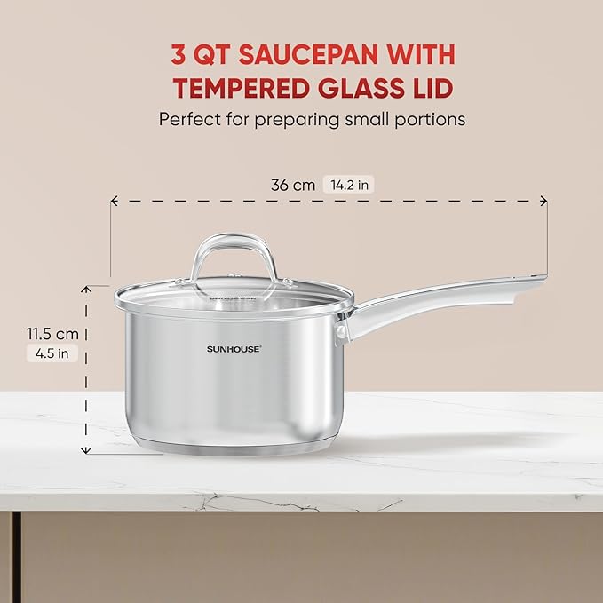 SUNHOUSE – 3 Quarts Stainless Steel Sauce Pan with Lid - PFOA-Free, Stainless Steel Sauce Pan, Advanced Impact Bonding Induction Base, Stay-Cool Handle, Compatible with All Cooktops - Image 2