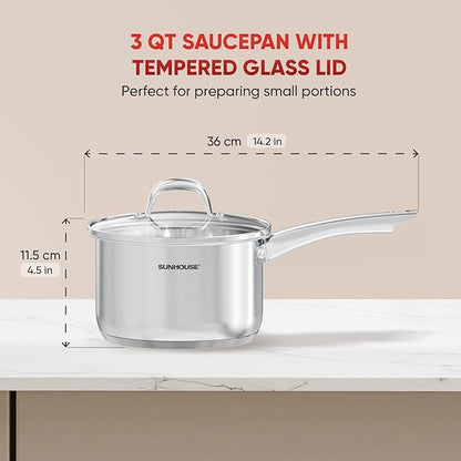 SUNHOUSE – 3 Quarts Stainless Steel Sauce Pan with Lid - PFOA-Free, Stainless Steel Sauce Pan, Advanced Impact Bonding Induction Base, Stay-Cool Handle, Compatible with All Cooktops - Image 2