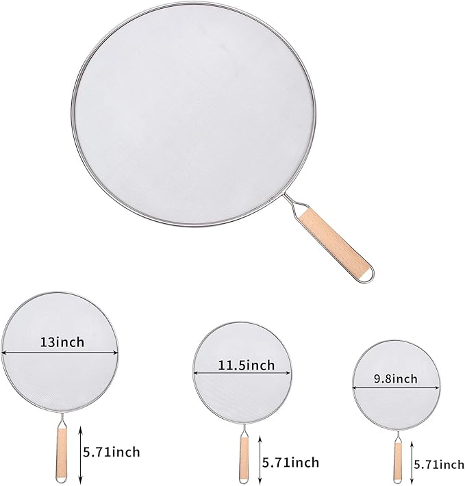 3 Pieces Grease Splatter Screen for Frying Pan, Splatter Guard Mesh Stainless Steel Grease Guard Shield for Kitchen Frying Pan Cooking Supplies Set of 9.44", 10.8" and 12.5" inch (Wood Handle) - Image 2