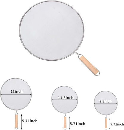 3 Pieces Grease Splatter Screen for Frying Pan, Splatter Guard Mesh Stainless Steel Grease Guard Shield for Kitchen Frying Pan Cooking Supplies Set of 9.44", 10.8" and 12.5" inch (Wood Handle) - Image 2