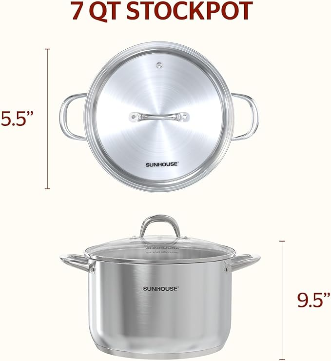 SUNHOUSE Stainless Steel Stock Pot - 7 Quart Heavy-Duty Induction Cooking Pot with Visible Lid for Pasta, Soup, Spaghetti - Nonstick Thick-Bottom Deep Stockpot for Canning, Boiling, and Simmering - Image 2