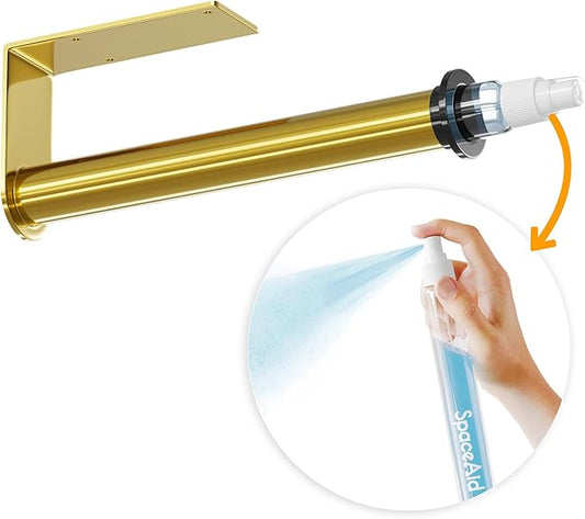 SpaceAid SprayNeat Paper Towel Holder with Spray Bottle, Under Cabinet Paper Towels Holders with Sprayer Inside Center, Hanging Wall Mount Papertowels Roller for Kitchen and Bathroom (Gold)