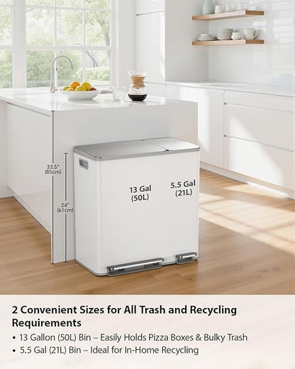 Lovewind Double Trash Can Kitchen, 13+5.5 Gallon Stainless Steel Dual Trash and Recycle Bin Combo with Silent Close Lid, Heavy-Duty Foot Pedal, Easy to Clean Garbage Can for Large Families, White