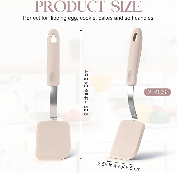 Silicone Cookie Spatula Turner 2 Pack Mini Brownie Spatula Flexible Kitchen Small Silicone Turner for Nonstick Cookware Heat Resistant No Scratch Flipper for Egg Pancake(Khaki) - Image 2