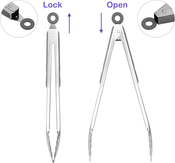 ALLWIN-HOUSEWARE W 304 Stainless Steel Kitchen Cooking Tongs, 12" and 14" Set of 2 Sturdy Grilling Barbeque Brushed Locking Food Tongs with Ergonomic Grip, Grey - Image 3