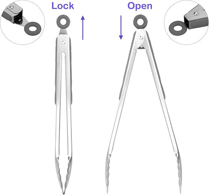 ALLWIN-HOUSEWARE W 304 Stainless Steel Kitchen Cooking Tongs, 12" and 14" Set of 2 Sturdy Grilling Barbeque Brushed Locking Food Tongs with Ergonomic Grip, Grey - Image 3