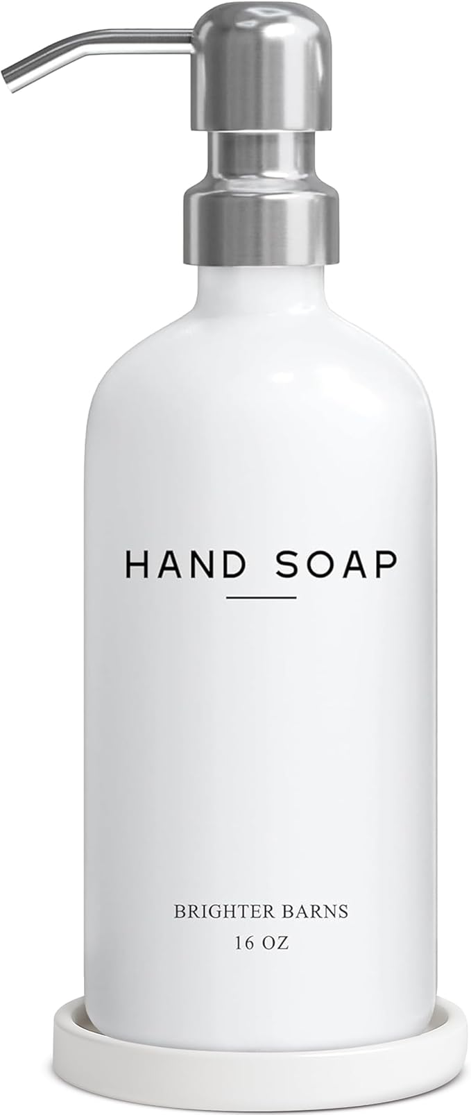 White Glass Hand Soap Dispenser Bathroom Set by Brighter Barns - Bathroom Soap Dispenser Set with Ceramic Tray - Refillable Glass Bottle Pump - Modern Home Decor for Airbnb, Hotel, Restaurants (White) by BrighterBarns