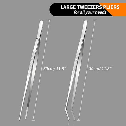 2-Piece Kitchen Tongs Set: Straight & Curved Edge Stainless Steel Non-Slip Grip Tweezers with Non-Slip Grip for BBQ, Grilling Steak & Flipping Pancakes