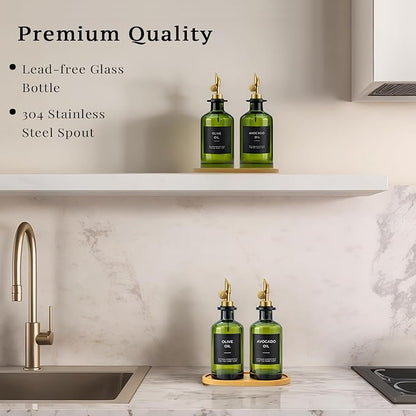 Olive Oil Dispenser Set, 2 x 11.8oz Deep Green Glass Bottles with Auto-Flip Spouts & 2 Capped Spare Spouts, Bamboo Tray, Oil & Vinegar Cruet (Green)