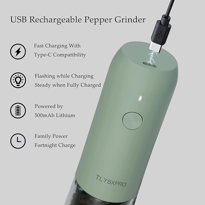TLYSXPRO Electric Salt and Pepper Grinder Set, USB Rechargeable, Automatic Salt and Pepper Mill Grinder with Adjustable Coarseness, Electric Salt Shakers, LED Light, Refillable (2 Packs, Sage) - Image 4