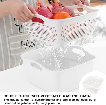 Double-layer Plastic Fruits Vegetable Washing Basket Food Storage Multi-layer Stackable Vegetable Sinks Wash Drain Basket for Kitchen (White)