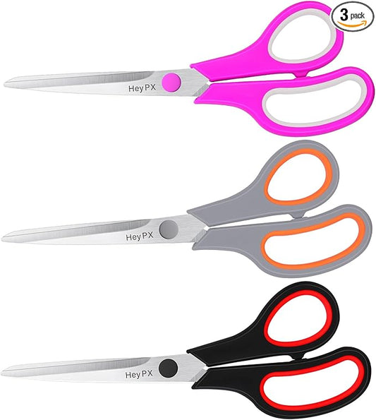 3-Pack 8.5" Ultra Sharp Stainless Steel Scissors - Premium All Purpose for Office, Crafts, Sewing, Home & School | Comfort-Grip Ambidextrous (Left & Right Handed)