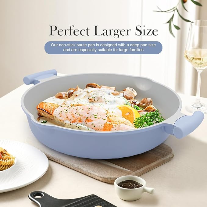 AIKENBBKK Ceramic Frying Pan Skillet Nonstick with Lid, 14 Inch Large Deep Saute Pan, Big Induction Pan Non Stick, 2-1 Cooking Cookware with Helper Handle,Family Size,Suitable for All Stoves,PFOA-Free - Image 6
