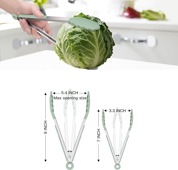 HOTEC Premium 7 & 9 Inch Kitchen Tongs, Stainless Steel Locking Cooking Tongs with Silicone Tips, Non-Scratch & Heat Resistant, Serving Tongs for Salad, BBQ, Light Green, Set of 2 - Image 8