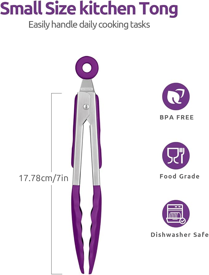 600ºF Heat Resistant Kitchen Tong: U-Taste 7 inch Silicone Cooking Tong with Firm Sealed Non Stick Rubber Tips & Silicon Coated 18/8 Stainless Steel Handle & Smooth Locking for Serving Salad (Purple) - Image 2