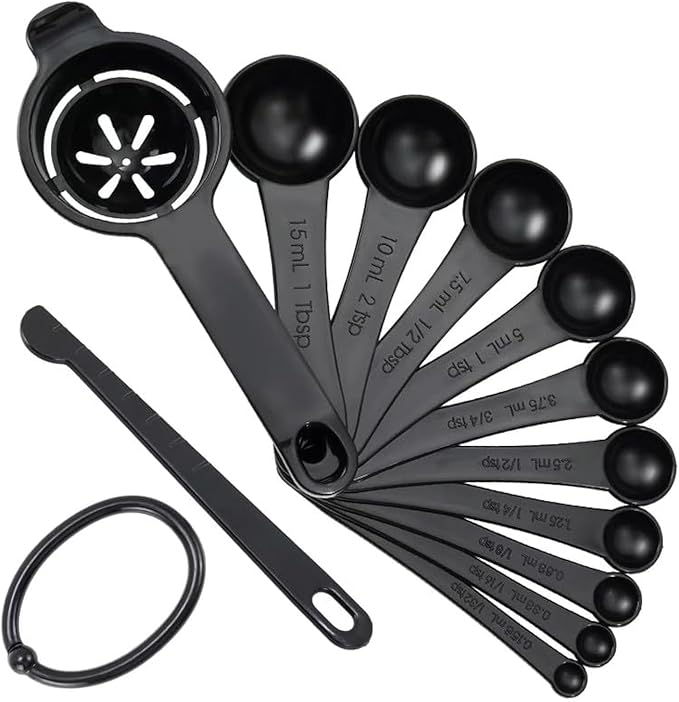 DOTINGHUX Measuring Spoons, Plastic Measuring Spoons Set with Egg Separator 12-Piece,Black