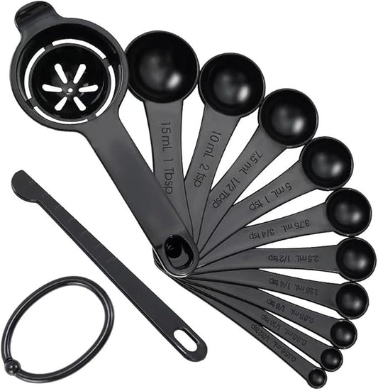 DOTINGHUX Measuring Spoons, Plastic Measuring Spoons Set with Egg Separator 12-Piece,Black