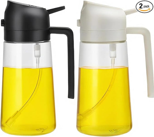 Aovdy Oil Sprayer for Cooking 16oz, 2 in 1 Olive Oil Dispenser and Oil Sprayer - 470ml Olive Bottle Spray and Pour - Glass Oil Dispenser for Kitchen Cooking Salad BBQ (2Pcs - White&Black)