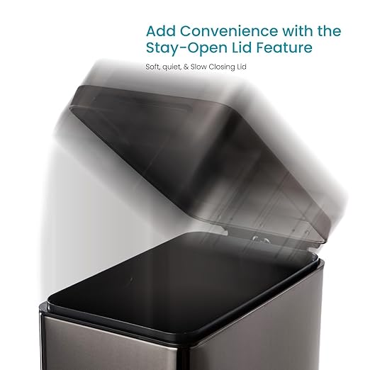 Home Zone Living 12 Gallon Slim Kitchen Trash Can with Soft Close Lid, Step Pedal, Bag Tuck Band, and Removable Liner, Stainless Steel, Black - Image 3