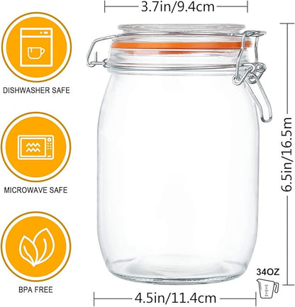 Glass Jars 32oz,Airtight Glass Food Storage Jar with Clamp Lid,1000ml Rounded Airtight Canister with Leak Proof Rubber Gasket,Clear Glass Kitchen Jars for Dry Food,Cereal,Beans,6 Pack - Image 2
