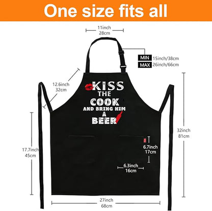 Grilling Apron - KISS THE COOK AND BRING HIM A BEER - Funny BBQ Aprons for Men Women Chef, Adjustable Kitchen Bib Apron with 2 Pockets and 40" Long Ties, Perfect for Cooking, Baking - Black