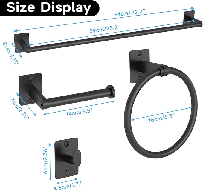 Matte Black Bathroom Accessories Set, KLJKPA 4 Pieces Bathroom Hardware Set, 24 inch Towel Bar, Towel Racks for Bathroom, Robe Towel Hooks, Toilet Paper Holder Wall Mounted - Image 7