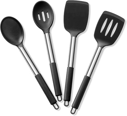 E-far Cooking Utensils Set of 4, Silicone Kitchen Utensils for Non-stick Cookware, Heat Resistant & Non-toxic Slotted Spatula Solid Spoon Turner for Flipping Mixing Serving Basting(Black) by E-far