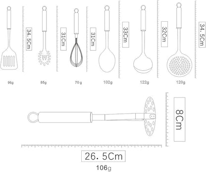 Berglander Cooking Utensil Set 8 Piece, Stainless Steel Kitchen Tool Set with Stand,Cooking Utensils, Slotted Tuner, Ladle, Skimmer, Serving Spoon, Pasta Server,Potato Maseher, Egg Whisk. （8 Pieces） - Image 2