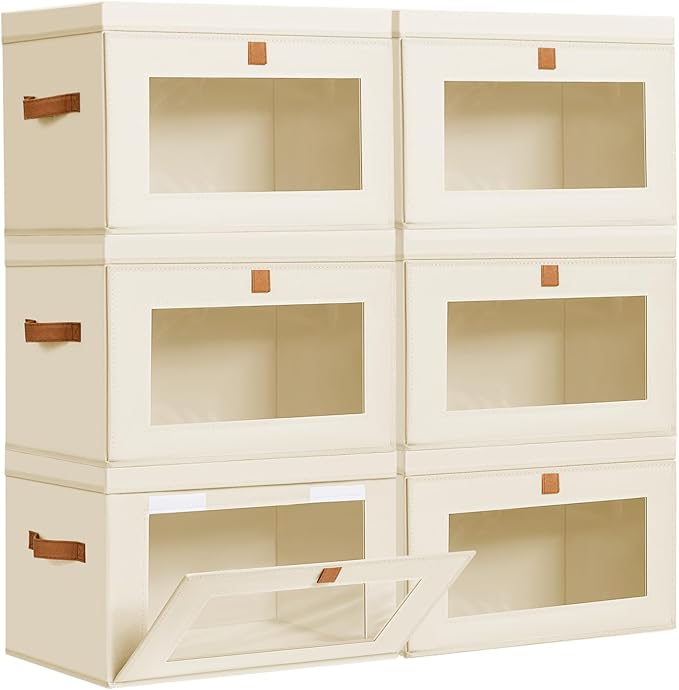 DIMJ Storage Bins with Lids - 6 Pack Large Fabric Closet Organizer with Window & Handles, Collapsible Decorative Storage Boxes for Shelves Under Bed, Books Clothes Blankets Sweaters Organization by DiMJ