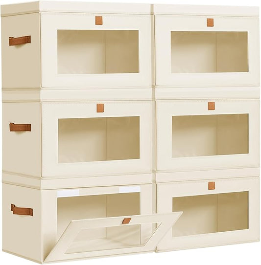 DIMJ Storage Bins with Lids - 6 Pack Large Fabric Closet Organizer with Window & Handles, Collapsible Decorative Storage Boxes for Shelves Under Bed, Books Clothes Blankets Sweaters Organization by DiMJ