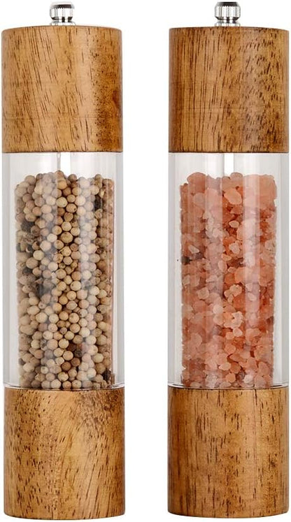 XWXO Premium Acrylic Salt and Pepper Grinder Set, Manual Salt and Pepper Mills- Wooden Shakers with Adjustable Ceramic Core-Salt Grinder and Pepper Mill -8 Inches-Pack of 2 by XWXO