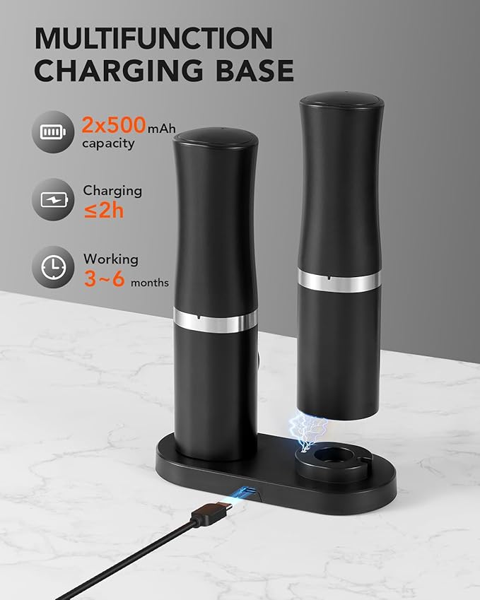 FORLIM Rechargeable Electric Salt and Pepper Grinder Set with Charging Base, Automatic Pepper Mill, Adjustable Coarseness, White LED Light, USB Type-C Cable, One Hand Operation, 2 Mills - Image 9
