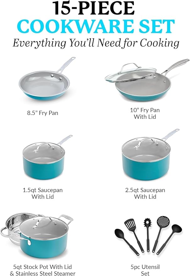 GOTHAM STEEL 15 Pc Ceramic Cookware Set, Ceramic Pots and Pans Set Non Stick with Cooking Utensils and Steamer, Non Toxic PFOA PFOS Free, Premium Stay Cool Handles, Oven & Dishwasher Safe, Blue - Image 2