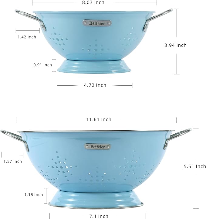Metal Colander 2 Pack, Strainer Bowel with Handles 2Qt & 6Qt Powder Coated Solid Ring Base Heavey Duty Kitchen Drainer Basket for Pasta Veggies and Fruits,New Home Apartment Essentials (ArcticBlue) - Image 2