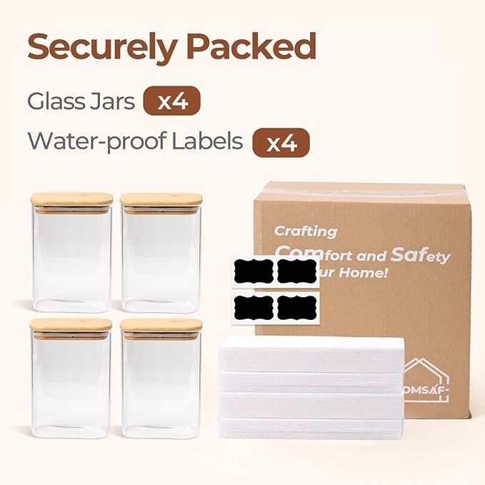 ComSaf 1.2 Qt Rectangle Glass Storage Containers with Lids, Glass Jars with Bamboo Lids, Clear Food Storage Jar, Sugar Coffee Containers, Pantry Container for Pasta Tea Candy Nut - Image 8