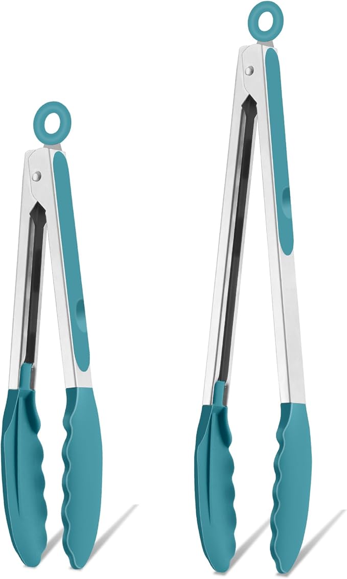 TeamFar Kitchen Tongs, 9" and 12" Stainless Steel Cooking Tongs with Silicone Tips for Cooking Grilling Serving & BBQ, Heat Resistant Silicone Tongs, Locking Design & Dishwasher Safe, Set of 2 & Blue by TeamFar
