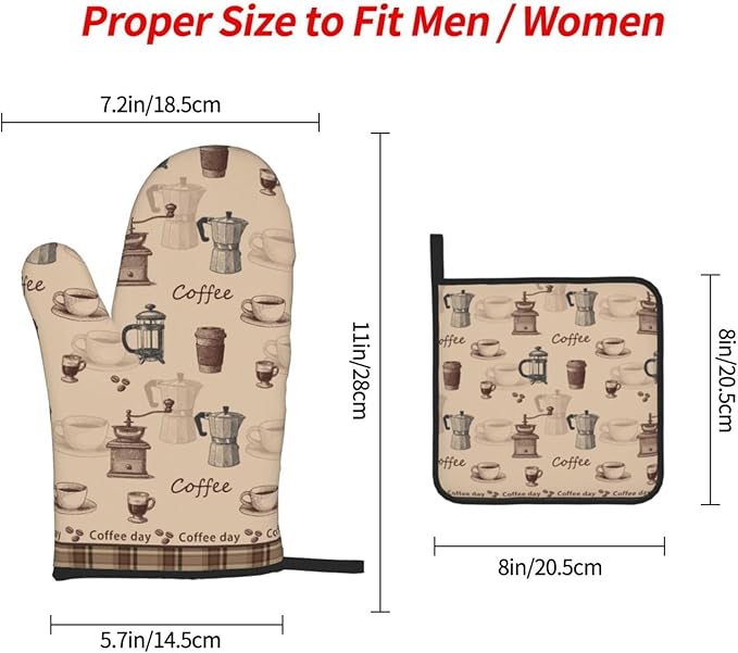 Vintage Coffee Themed Oven Mitts Heat Resistant,Vintage Pot Holder and Oven Mitts Set of 3 for Baking Cooking Grilling BBQ,Housewarming Gifts & Baking Gifts for Women Coffee Lover
