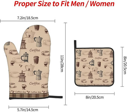 Vintage Coffee Themed Oven Mitts Heat Resistant,Vintage Pot Holder and Oven Mitts Set of 3 for Baking Cooking Grilling BBQ,Housewarming Gifts & Baking Gifts for Women Coffee Lover
