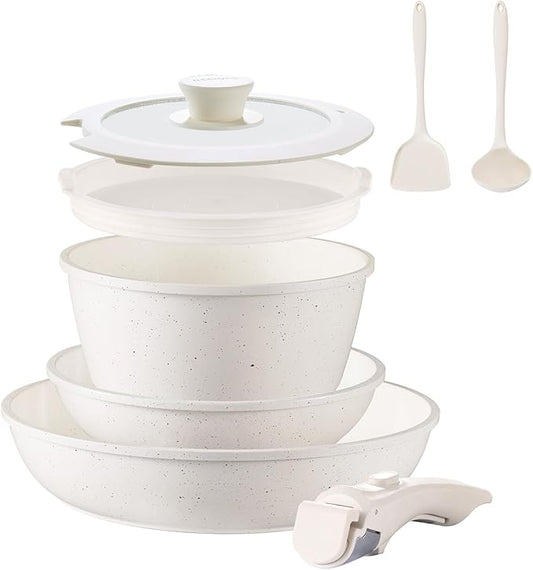 BECIGAR 8pcs Ceramic Pots and Pans Set, Non Stick Cookware Set, Detachable Handle Cookware, Induction Kitchen Cooking Set with Removable Handle,Oven Safe, Induction Fast, Stackable Cookware Set by BecigarCookware